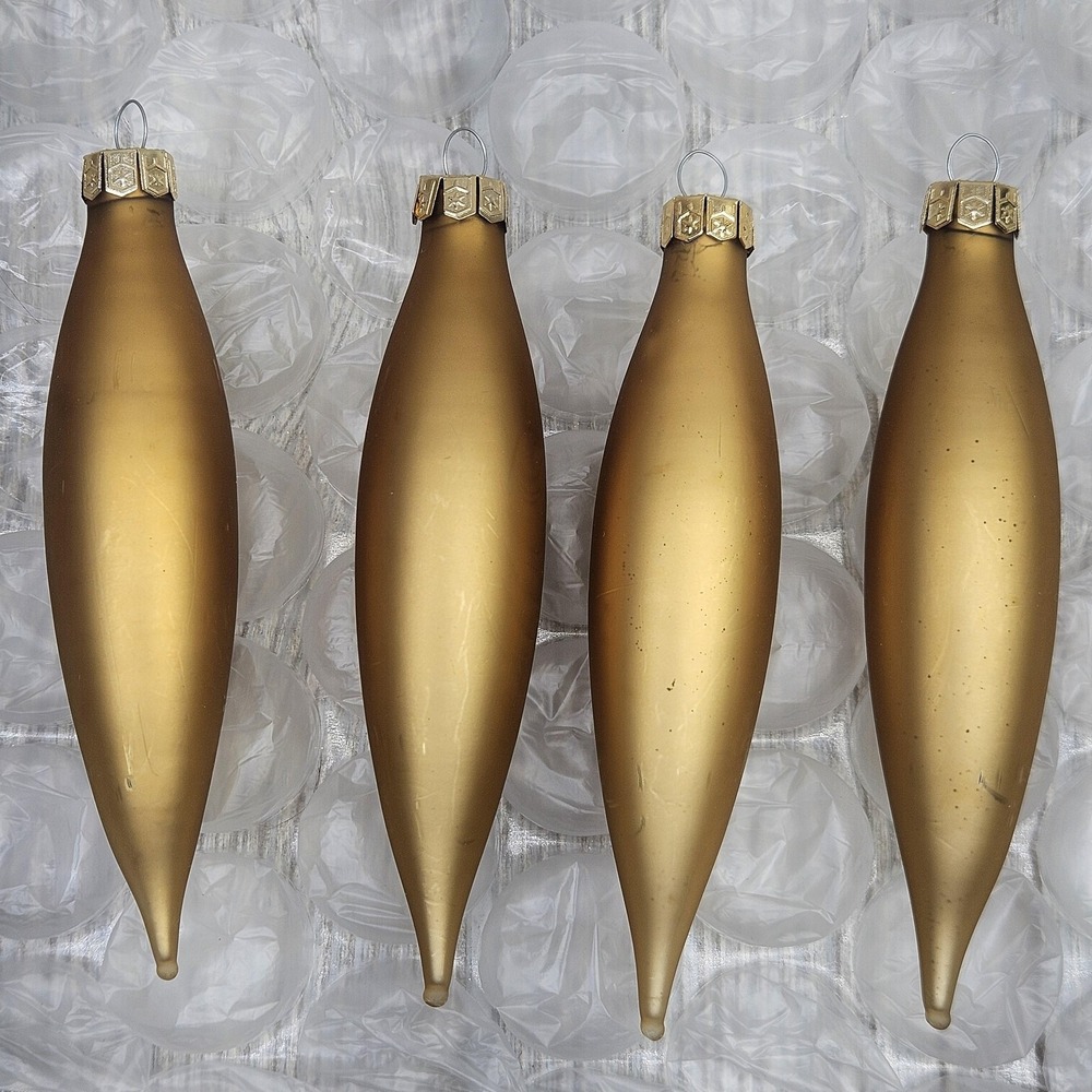 Vintage Matte Gold Glass Christmas Ornaments Teardrop 4 Pack MCM Retro